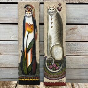 Vintage Stoneware Hand Painted Cat Wall Plaques Pair Folk Art Whimsical Decor